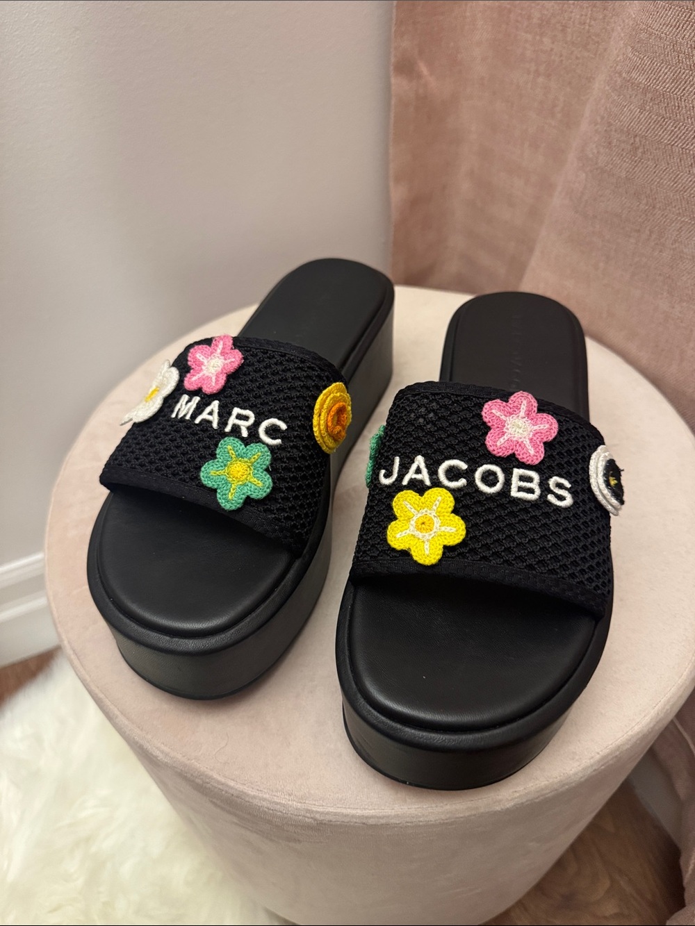 Marc Jacobs Black Platform Slide Mules with Multicolor Floral Appliqués